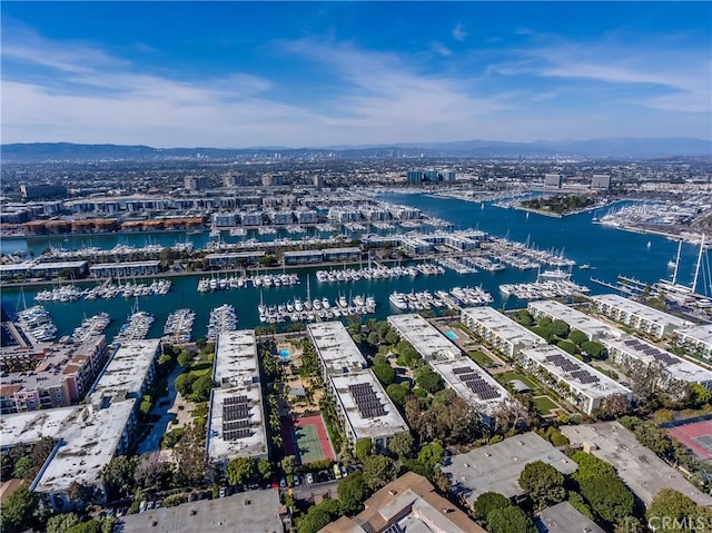 bird's eye view with a water view