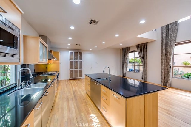 kitchen with stainless steel appliances, wall chimney range hood, a kitchen island with sink, and sink