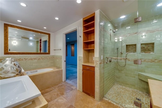 bathroom with vanity and plus walk in shower