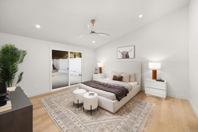 bedroom featuring ceiling fan, lofted ceiling, access to exterior, and light wood-type flooring