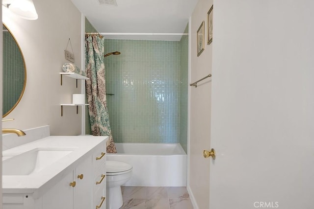 full bathroom with vanity, shower / bath combination with curtain, and toilet