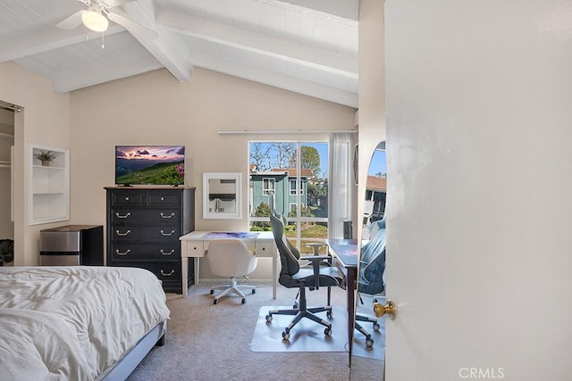 bedroom with carpet floors, lofted ceiling with beams, and ceiling fan