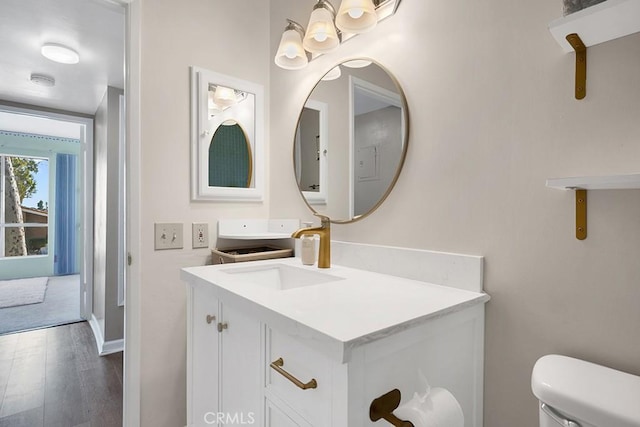 bathroom with vanity, hardwood / wood-style floors, and toilet