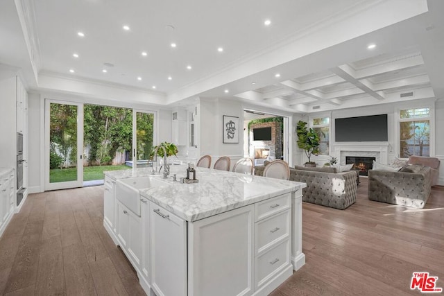 kitchen with sink, coffered ceiling, light stone countertops, white cabinets, and a center island with sink