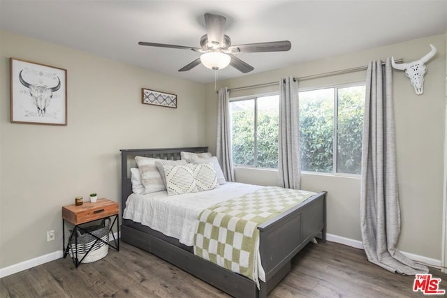 bedroom with dark hardwood / wood-style floors and ceiling fan