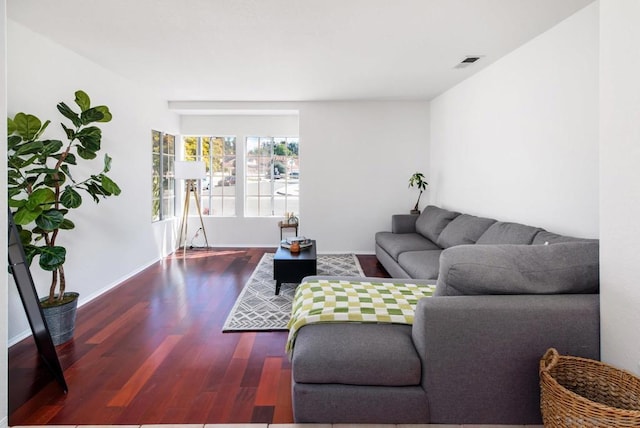 living room featuring dark wood-type flooring