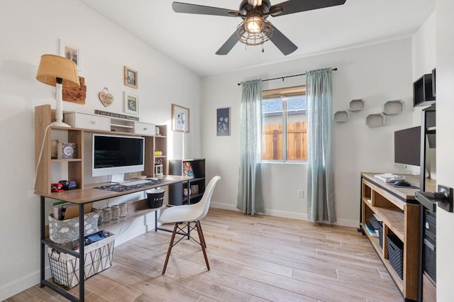 office area featuring ceiling fan and light wood-type flooring