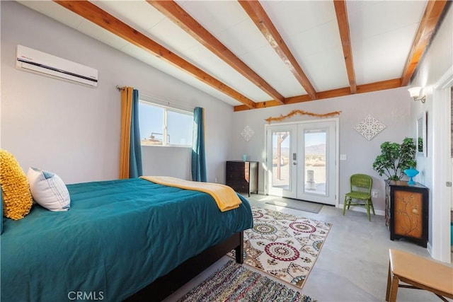 bedroom featuring french doors, vaulted ceiling with beams, a wall unit AC, and access to outside