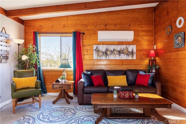 carpeted living room with lofted ceiling with beams, a wall mounted AC, and wood walls