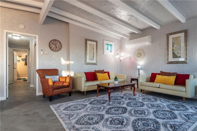 living room featuring lofted ceiling with beams, concrete floors, and a wall unit AC