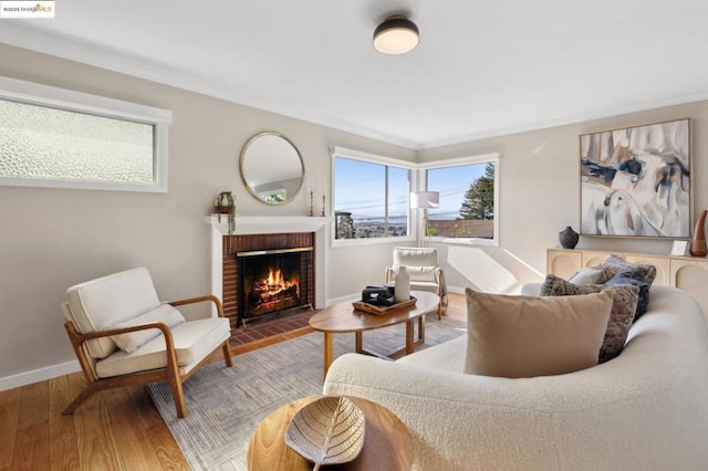 living room with hardwood / wood-style flooring, ornamental molding, and a fireplace