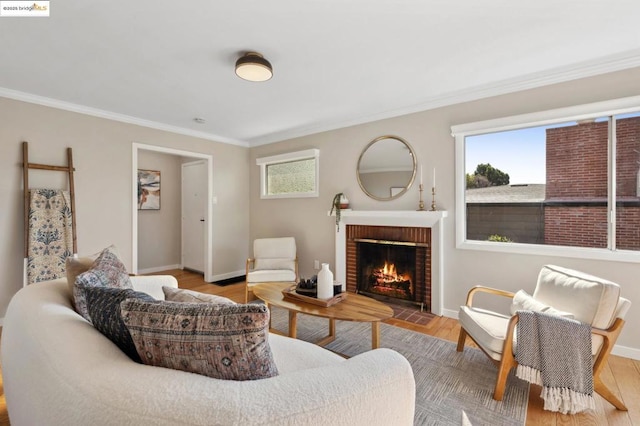 living room featuring wood-type flooring, a fireplace, and crown molding