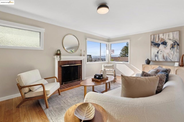 living room featuring hardwood / wood-style floors, crown molding, and a fireplace