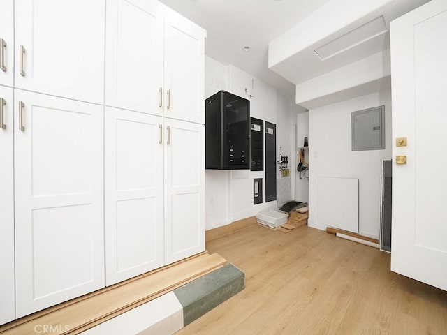 living room with electric panel and light hardwood / wood-style floors