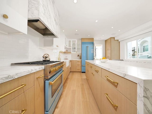 kitchen with decorative backsplash, light hardwood / wood-style flooring, light stone countertops, and high quality appliances