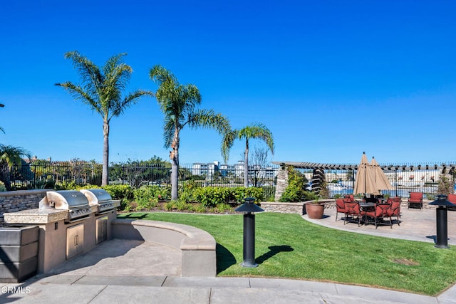 view of home's community with area for grilling, a yard, and a patio