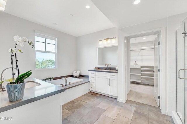 full bathroom featuring two vanities, a stall shower, a sink, a walk in closet, and a bath