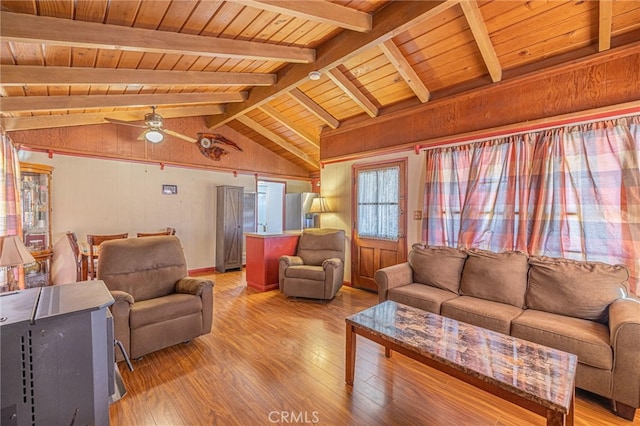 living room featuring ceiling fan, vaulted ceiling with beams, hardwood / wood-style floors, and wood ceiling