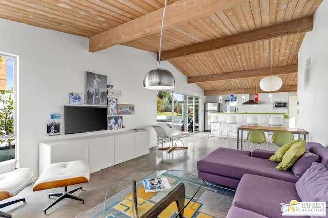 living room with concrete flooring, high vaulted ceiling, wood ceiling, and beamed ceiling