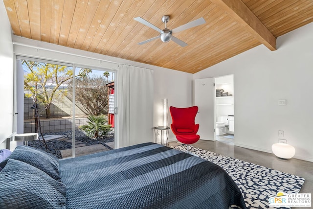 bedroom with access to exterior, wood ceiling, lofted ceiling with beams, and concrete floors