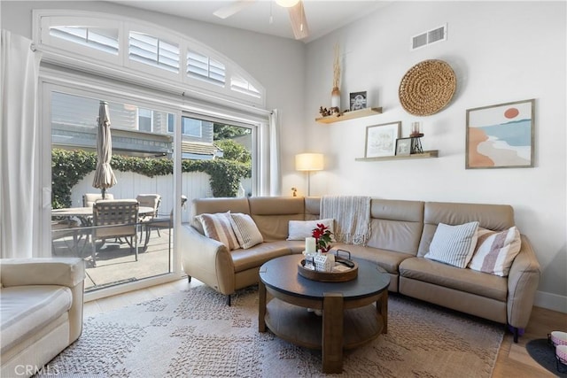 interior space featuring hardwood / wood-style floors and ceiling fan