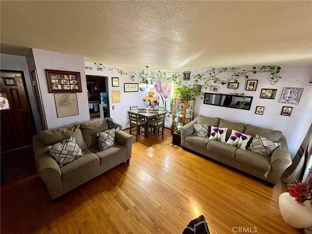 living room featuring hardwood / wood-style floors and a textured ceiling