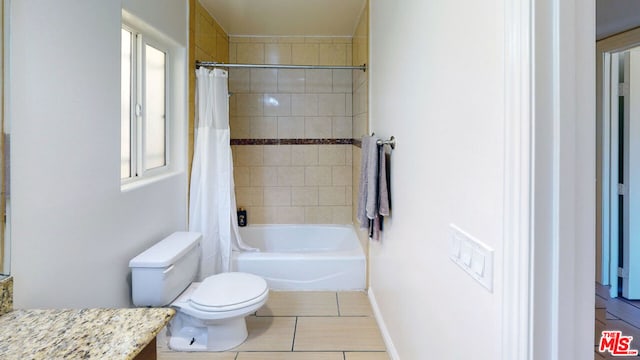 full bathroom with vanity, shower / bathtub combination with curtain, and toilet