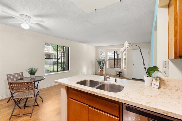 kitchen featuring sink, light hardwood / wood-style flooring, light stone counters, a textured ceiling, and stainless steel dishwasher