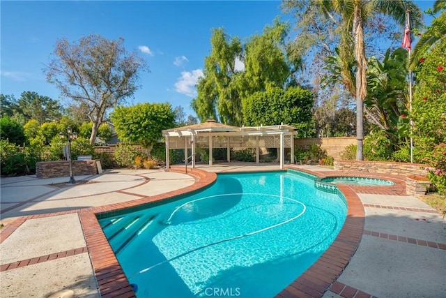 view of pool with an in ground hot tub, a patio area, and a pergola