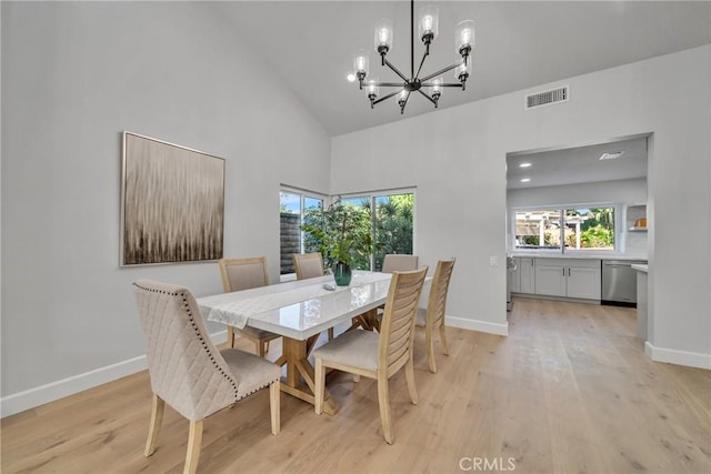 dining area featuring a chandelier, high vaulted ceiling, and light hardwood / wood-style flooring