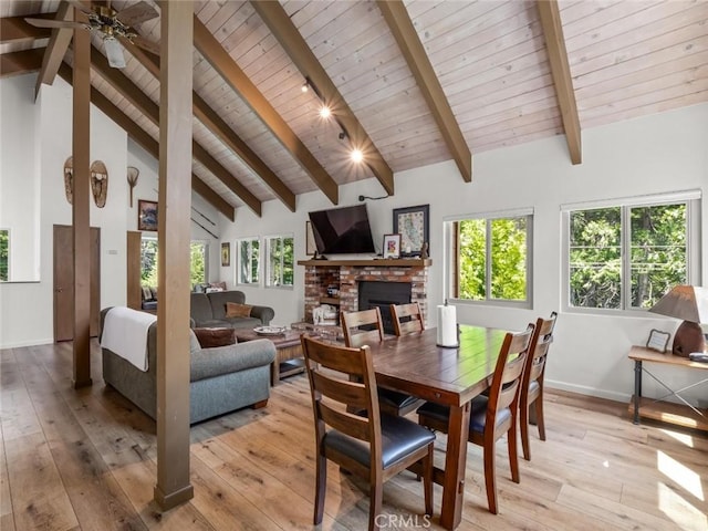 1153 Silvertip Ln, Fish Camp, CA 93623 - dining area with high vaulted ceiling, a brick fireplace, wooden ceiling, light wood-type flooring, and beamed ceiling