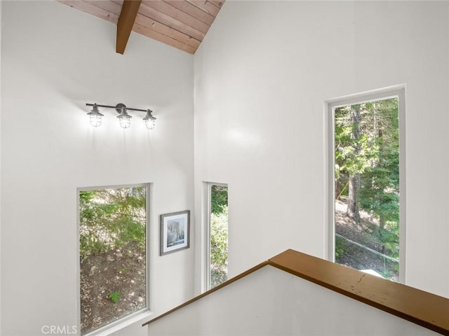 1153 Silvertip Ln, Fish Camp, CA 93623 - interior space with wood ceiling, high vaulted ceiling, and beamed ceiling