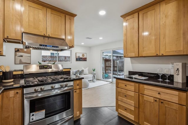 kitchen featuring dark stone countertops and stainless steel gas range