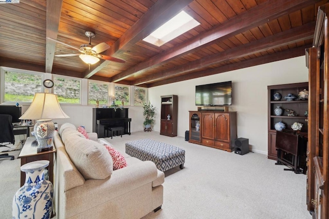 carpeted living room featuring beam ceiling, a skylight, wooden ceiling, and ceiling fan