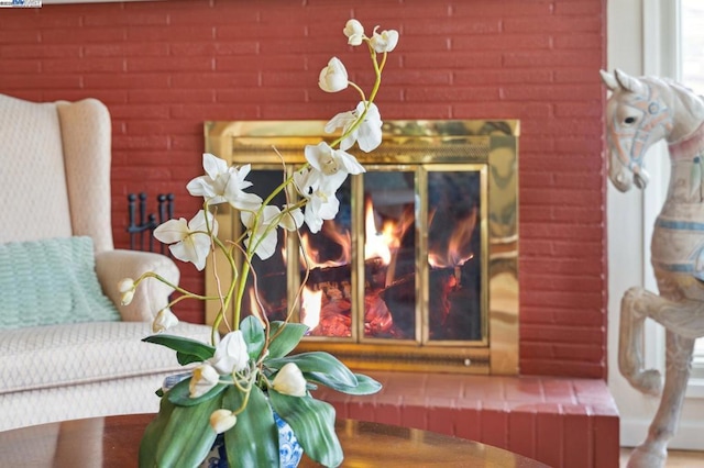 details with a brick fireplace