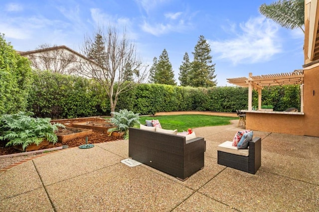 view of patio featuring an outdoor living space and a pergola