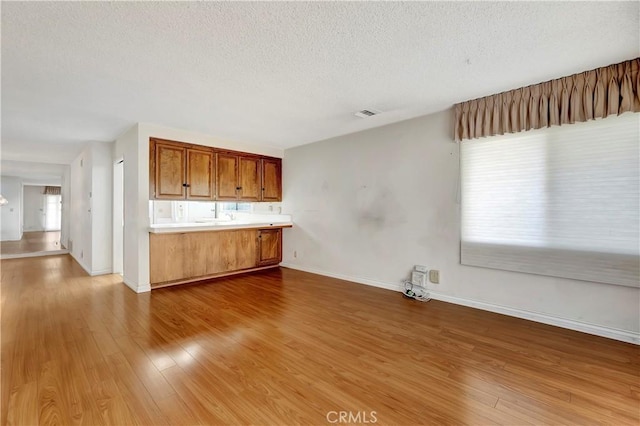 kitchen featuring wood-type flooring, a textured ceiling, and kitchen peninsula