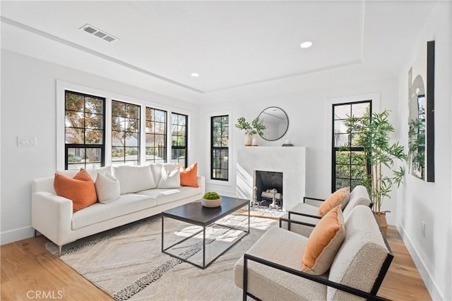 living room with a fireplace, a raised ceiling, and light hardwood / wood-style flooring