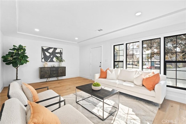 living room with light hardwood / wood-style floors