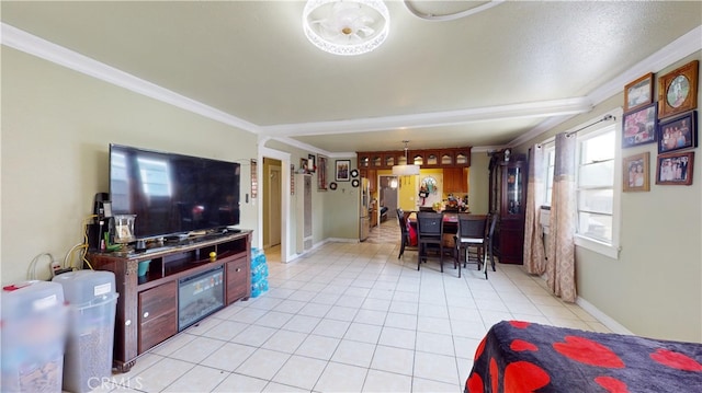 living room featuring crown molding and light tile patterned floors