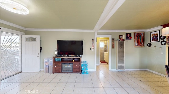 tiled living room with crown molding