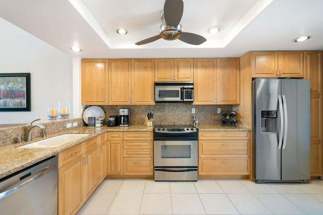 kitchen featuring stainless steel appliances, a tray ceiling, sink, and decorative backsplash