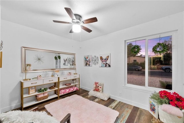 interior space with ceiling fan and dark hardwood / wood-style floors