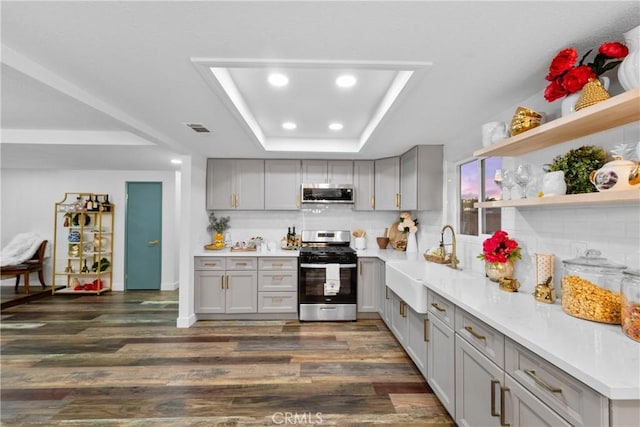 kitchen with sink, gray cabinets, dark wood-type flooring, appliances with stainless steel finishes, and a tray ceiling