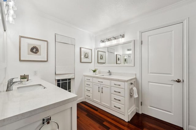 bathroom featuring crown molding, hardwood / wood-style floors, and vanity