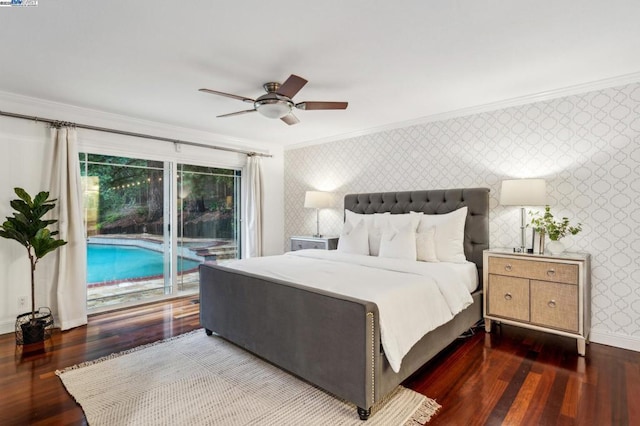 bedroom featuring crown molding, dark wood-type flooring, access to outside, and ceiling fan