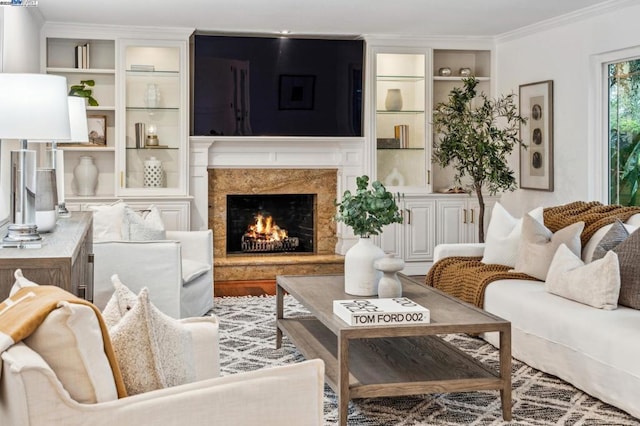 living area featuring ornamental molding, built in features, and a high end fireplace