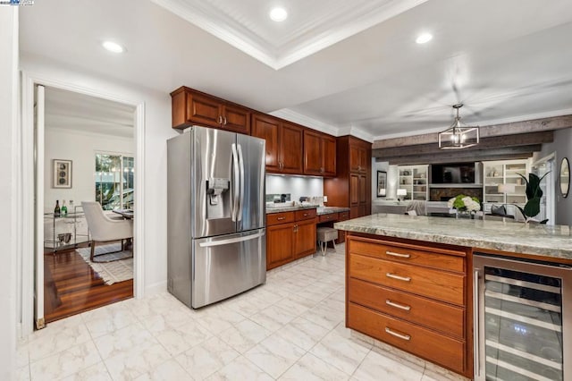 kitchen with stainless steel refrigerator with ice dispenser, wine cooler, and crown molding