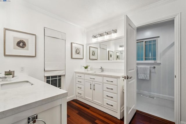 bathroom with hardwood / wood-style flooring, ornamental molding, and vanity