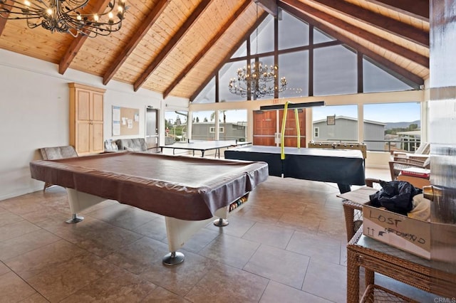 playroom with beamed ceiling, high vaulted ceiling, a healthy amount of sunlight, and wood ceiling